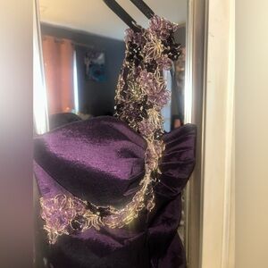 Xscape Purple & Gold One Shoulder Ruched Gown